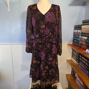 Maurices Large Plum Floral Semi Sheer Longsleeve Dressy Casual Summer Fall Dress